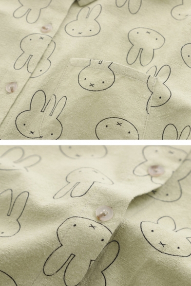 Cute Cartoon Rabbit Head Print Long Sleeve Button Up Oversized Cotton Shirt
