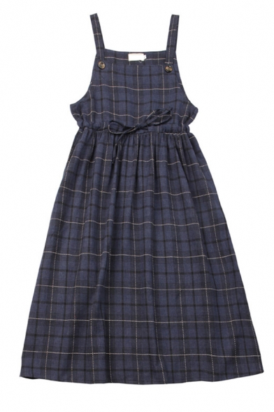 Cute Girls' Sleeveless Button Detail Plaid Patterned Bow Tie Waist Relaxed Pleated Babydoll Dress