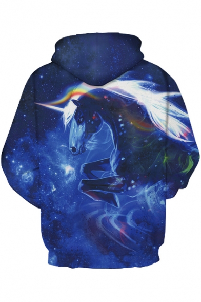 Cute Rainbow Unicorn Starry Sky 3D Print Long Sleeves Blue Drawstring Hoodie