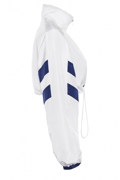 Dancing Girls' Balloon Sleeve High Neck Half Zip Stripe Print Drawstring Boxy Crop Pullover Sweatshirt in White