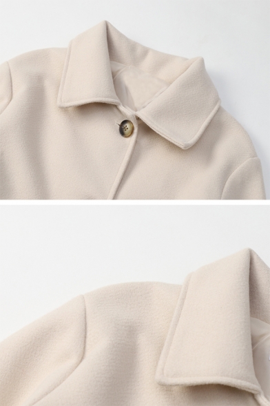 Elegant Trendy Women's Long Sleeve Lapel Neck Button Down Flap Pockets Plain Relaxed Crop Coat