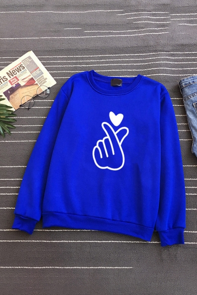 Fashion Girls' Long Sleeve Crew Neck Finger Heart Pattern Loose Pullover Sweatshirt