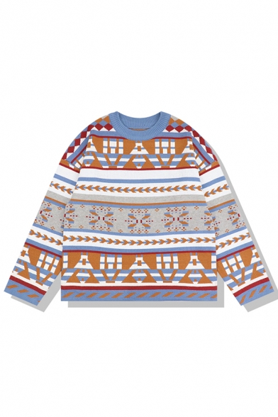 Female Fancy Ethnic Long Sleeve Crew Neck Geo Printed Purl-Knit Baggy Pullover Sweater in Blue