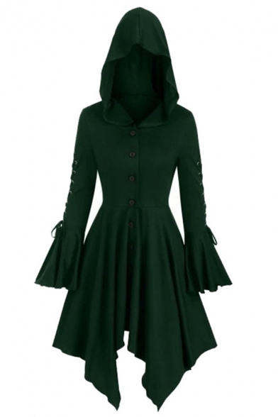 Gothic Girls' Ruffle Trim Sleeve Hooded Button Down Lace Up Asymmetric Pleated Plain Fitted Dress Trench Coat