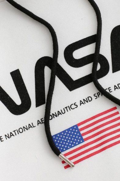 Hot Popular American Flag NASA Print Contrast Striped Long Sleeve White Oversized Hoodie
