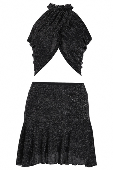 Ladies Sexy Bling Bling Fashion Black Halter Top with Mini Ruffled Skirt Two Piece Set