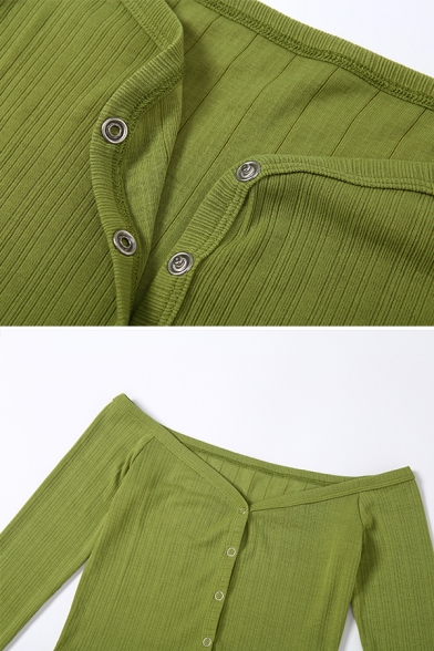 Ladies Vintage Plain Green Long Sleeve Off Shoulder Button Up Top with Mini Skirt Co-ords