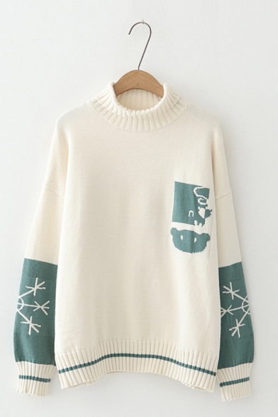 Lovely Cartoon Pattern Snowflake Color Block Long Sleeve High Collar Oversized Sweater