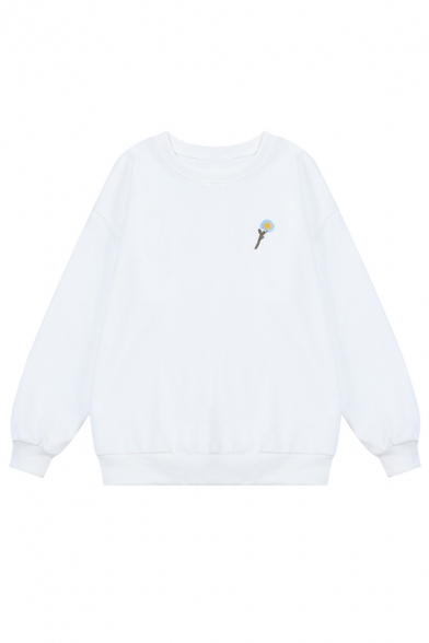 Lovely Daisy Embroidery Print Long Sleeve Round Neck Oversized Sweatshirt