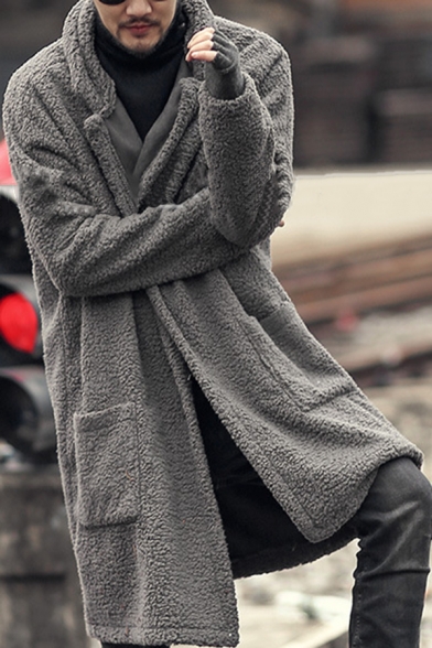 Mens Classic Plain Long Sleeve Open Front Longline Faux Fur Coat with Pocket