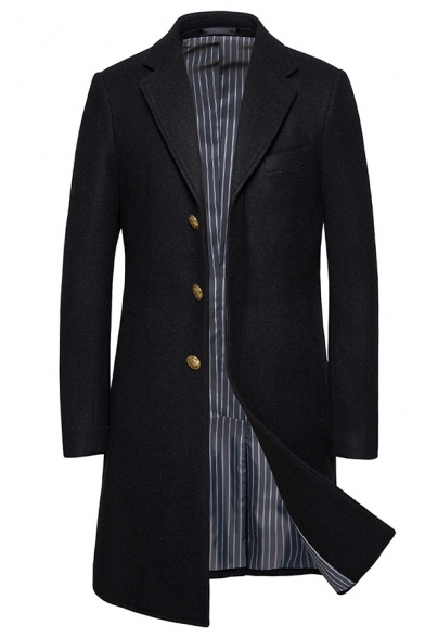 Mens Cool Solid Color Long Sleeve Notched Lapel Longline Wool Coat with Pocket