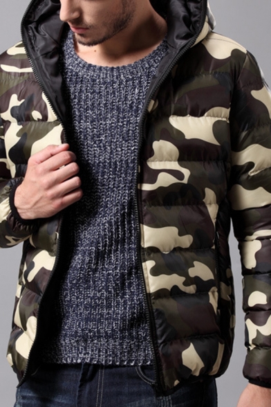 Mens Popular Camouflage Print Long Sleeve Zip Placket Slim Fit Hooded Puffer Coat