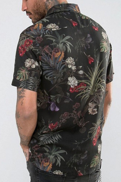 Mens Popular Floral and Leaf Print Short Sleeve Button Down Black Summer Shirt