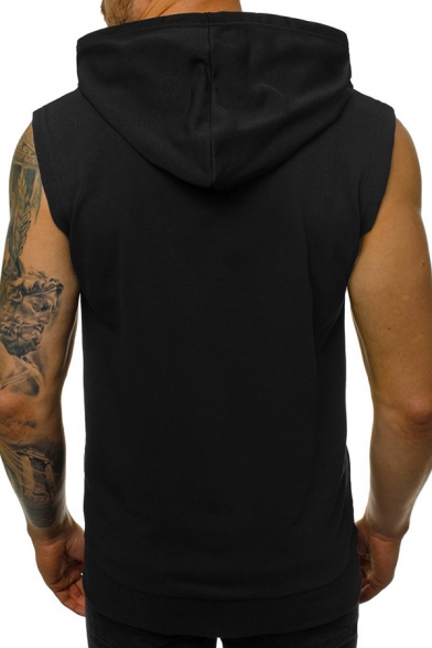 Mens Popular Solid Color Full Zip Sleeveless Hoodie with Pocket