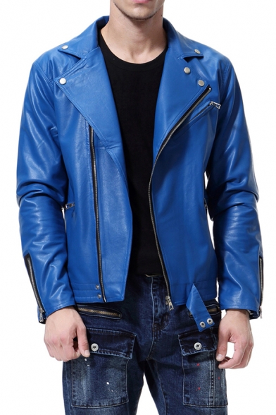Mens Popular Solid Color Long Sleeve Notched Collar Side Zip Up PU Biker Jacket