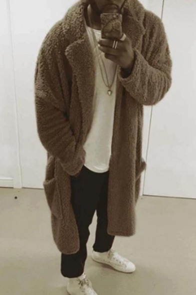 Mens Popular Solid Color Long Sleeve Notched Collar Teddy Fluffy Longline Cardigan Coat