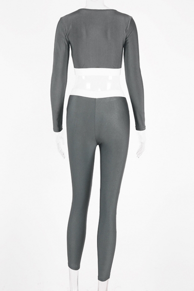 New Trendy Contrast Topstitching Long Sleeve Cropped Top with Pants Grey Skinny Co-ords