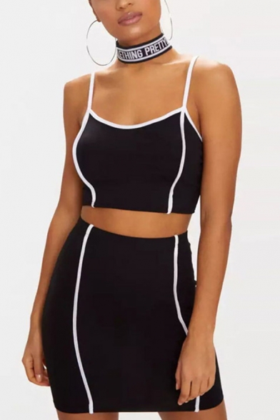 New Trendy Contrast Trim Cami Top & Mini Skirt Black Two Piece Sports Set