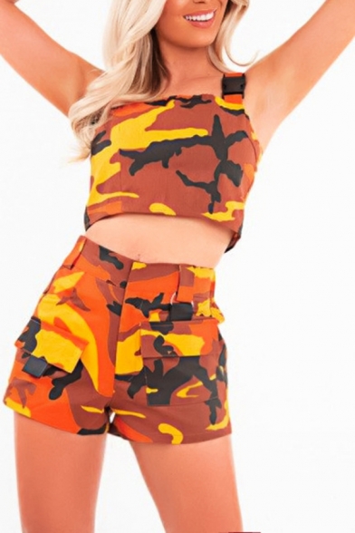 Orange Camo Print Zip Back Cropped Tank Top Pusha Buckle Belted Shorts Leisure Co-ords