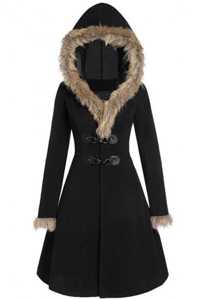Plain Vintage Long Sleeve Hooded Buckle Front Shearling Fleece Trim Fitted Midi A-Line Wool Coat for Women