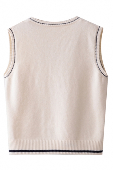 Preppy Girls' Sleeveless Deep V-Neck Contrast Piped Relaxed Fit Plain Purl Knit Pullover Sweater Vest