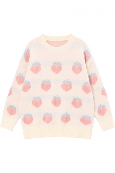 Preppy Style Lovely Strawberry Printed Long Sleeve Round Neck Beige Oversized Sweater