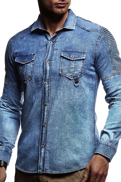 Regular Fashion Chest Flap Pocket Pleated Detail Long Sleeves Bleach Wash Rigid Denim Shirt