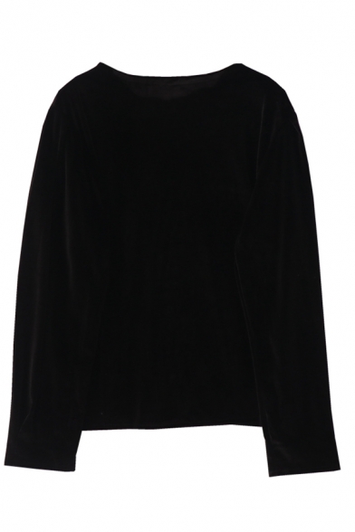 Retro Black Long Sleeve V-Neck Button Down Lace Trim Velvet Loose Fit Blouse Top for Female