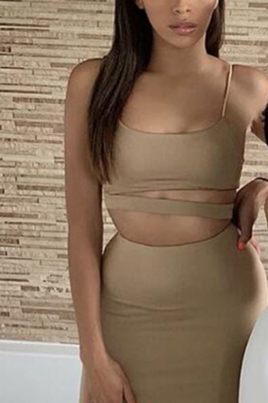 Sexy Womens Plain Cutout Cami Tank with Maxi Bodycon Skirt Two Piece Party Set