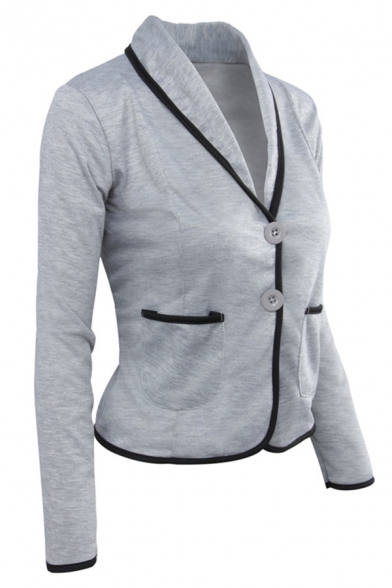 Simple Formal Ladies' Long Sleeve Shawl Collar Button Down Pockets Side Contrast Piped Plain Slim Blazer