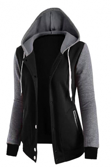 Simple Style Colorblocked Patch Long Sleeve Button Down Drawstring Hoodie