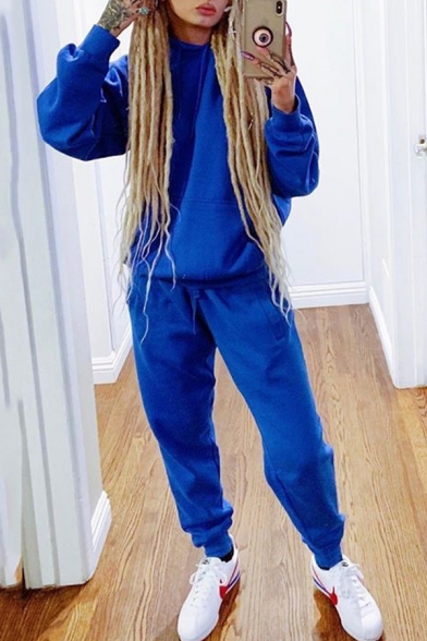 Simple Style Long Sleeve Loose Hoodie with Sweatpants Whole Colored Two Piece Sport Set
