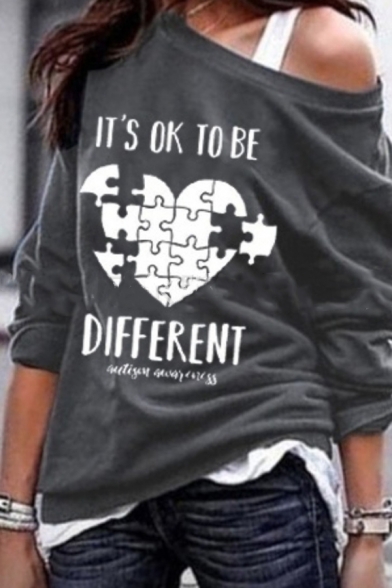 Street Girls' Long Sleeve Drop Shoulder IT'S OK TO BE DIFFERENT Letter Puzzle Pattern Loose Pullover Sweatshirt