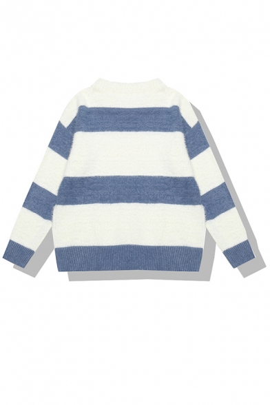 Stylish Girls' Long Sleeve Crew Neck Stripe Patterned Oversize Knit Pullover Sweater