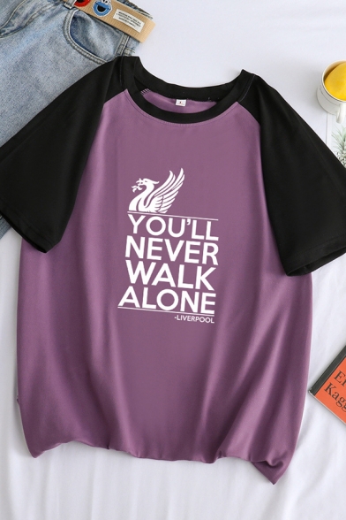 Stylish Letter YOU'LL NEVER WALK ALONE Colorblock Short Sleeve Loose Graphic T-Shirt