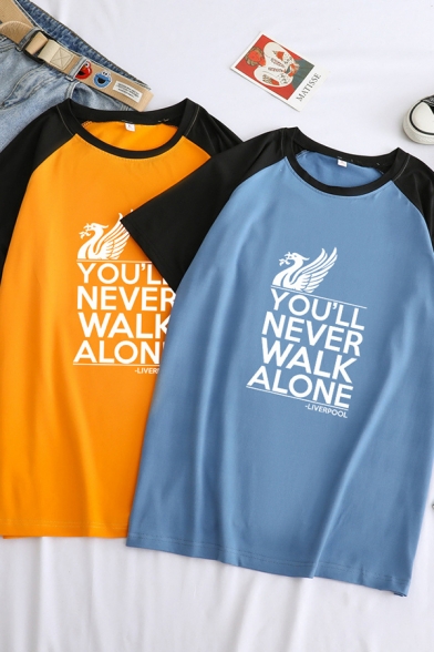 Stylish Letter YOU'LL NEVER WALK ALONE Colorblock Short Sleeve Loose Graphic T-Shirt