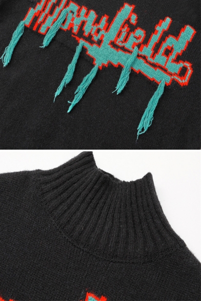 Unique Fringe Embellished Letter Printed High Neck Leisure Baggy Pullover Sweater