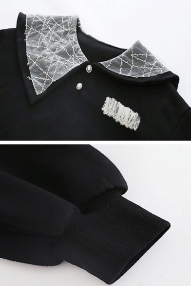 Unique Irregular Navy Collar Button Front Long Sleeve Black Loose Thick Sweatshirt