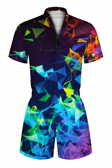 Unisex Fashion Colorful Geometric Smoke Pouring Paint 3D Pattern Short Sleeves Zipper Romper