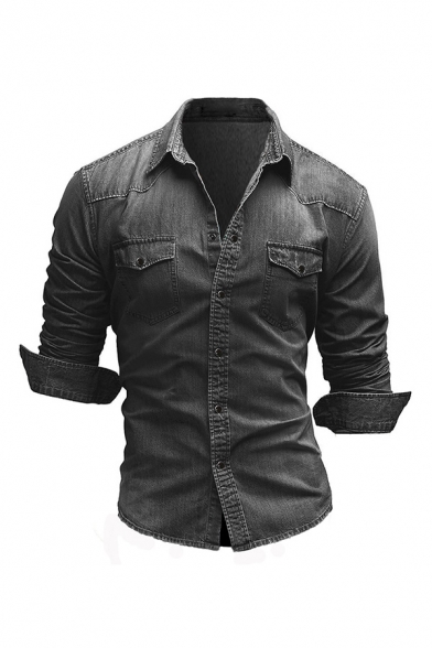 Fensajomon Mens Casual Washed Denim Long Sleeve Button Up Slim Fit Vintage Shirt Top