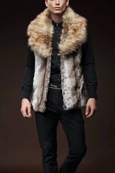 Winter Warm Brown Sleeveless Lapel Collar Open Front Slim Fit Faux Fur Waistcoat for Men