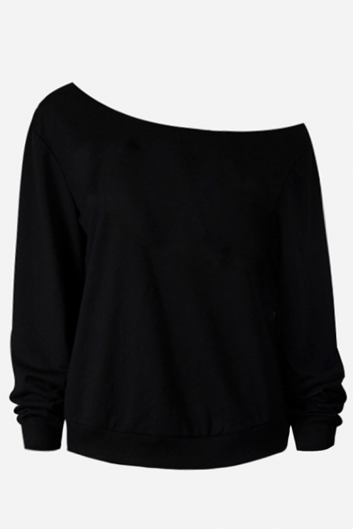 Women's Long Sleeve Drop Shoulder Cross Patterned Relaxed Fit Pullover Sweatshirt in Black