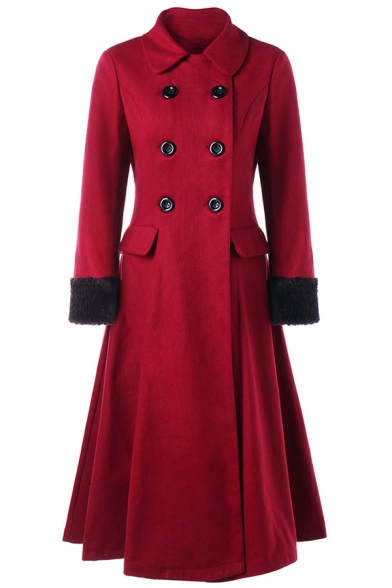 Women's Red Vintage Long Sleeve Lapel Neck Double Breasted Fuzzy Trim Lace Up Back Pleated Long A-Line Wool Coat with Bow Tie Shoulder Cape