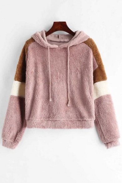 Womens Leisure Color Block Striped Long Sleeve Pink Fluffy Plush Drawstring Hoodie