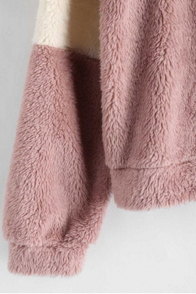 Womens Leisure Color Block Striped Long Sleeve Pink Fluffy Plush Drawstring Hoodie