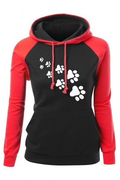 Casual Chic Long Sleeve Drawstring Cat Paw Print Contrasted Slim Fit Hoodie for Female