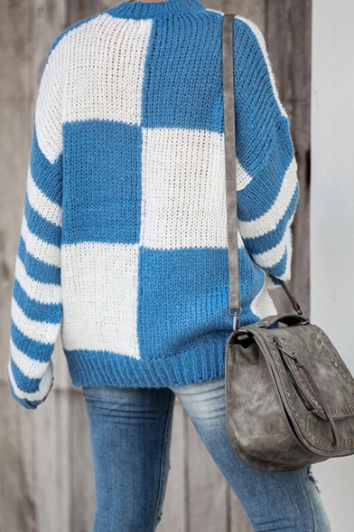 Casual Fancy Long Sleeve Crew Neck Stripe Plaid Printed Waffle Knit Relaxed Pullover Sweater Top for Female