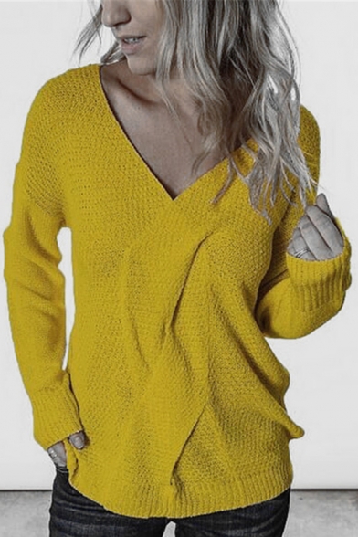 Casual Plain Long Sleeve V-Neck Cable Knitted Relaxed Fit Pullover Sweater Top for Women