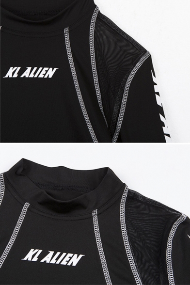 Chic Letter KL ALIEN Print Contrast Stitching Mesh Patch Crop Top Skinny Pants Black Sport Set
