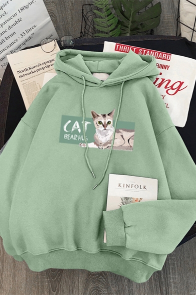 Chic Street Long Sleeve Drawstring Letter CAT Graphic Loose Fit Hoodie for Women